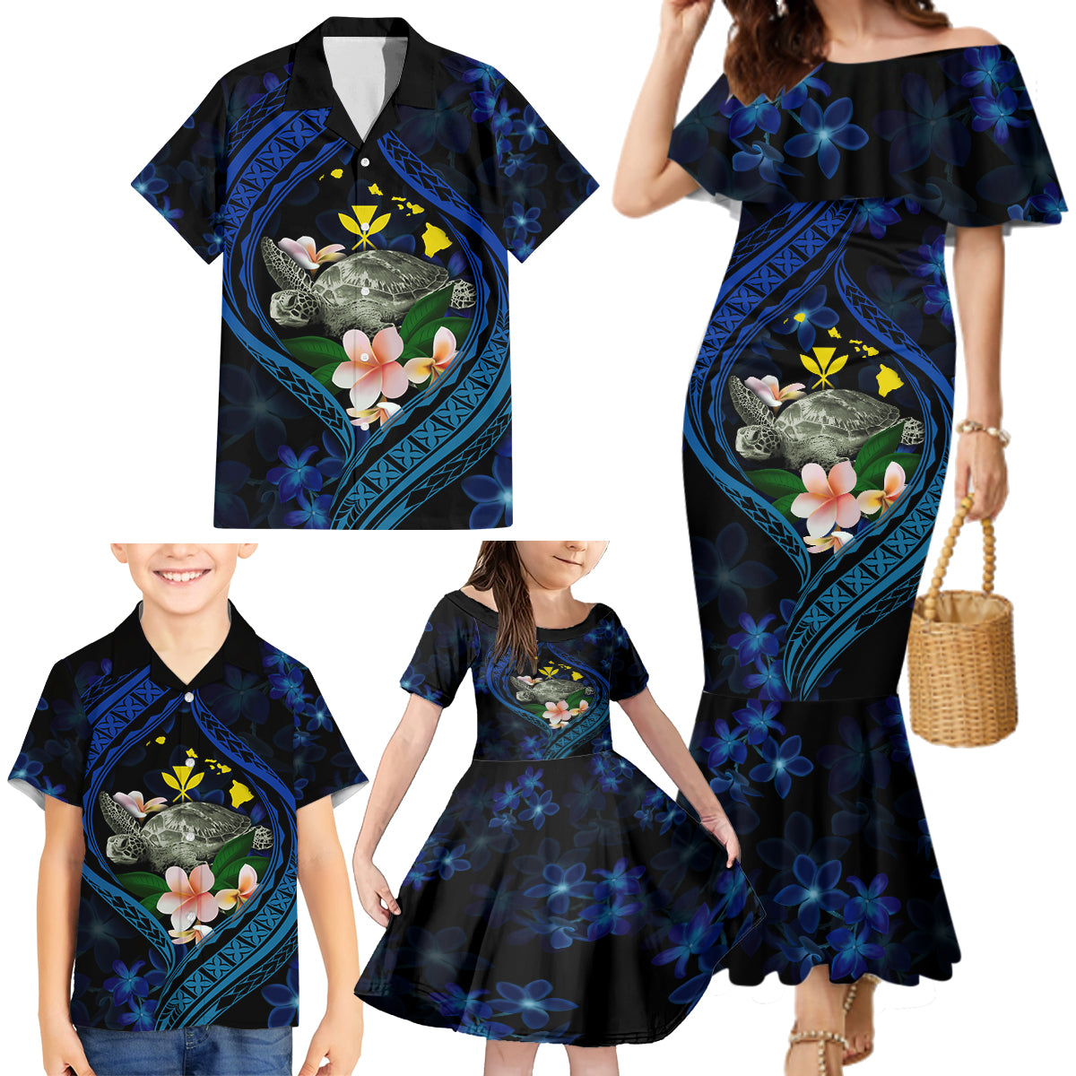Hawaii Turtle Plumeria Flower Fanciful Family Matching Mermaid Dress and Hawaiian Shirt LT03 - Polynesian Pride