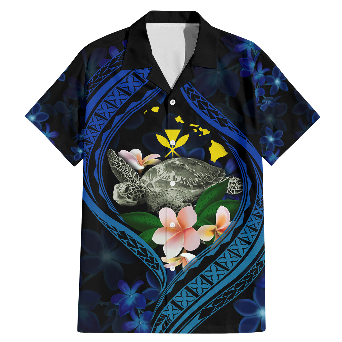 Hawaii Turtle Plumeria Flower Fanciful Family Matching Mermaid Dress and Hawaiian Shirt LT03 Dad's Shirt - Short Sleeve Black - Polynesian Pride