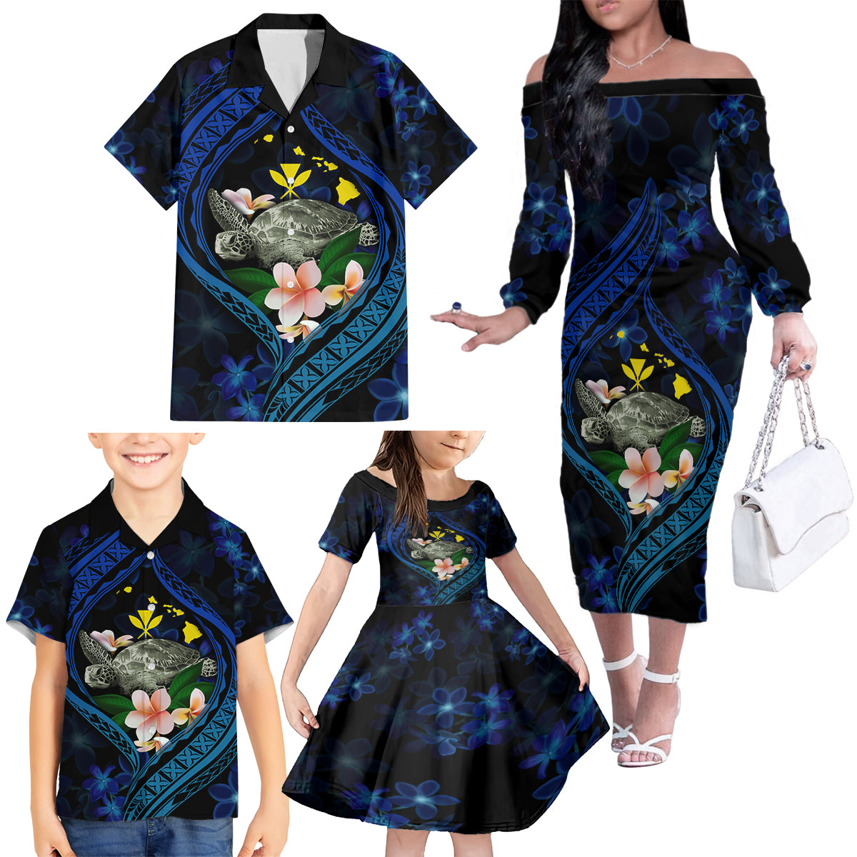 Hawaii Turtle Plumeria Flower Fanciful Family Matching Off The Shoulder Long Sleeve Dress and Hawaiian Shirt LT03 - Polynesian Pride