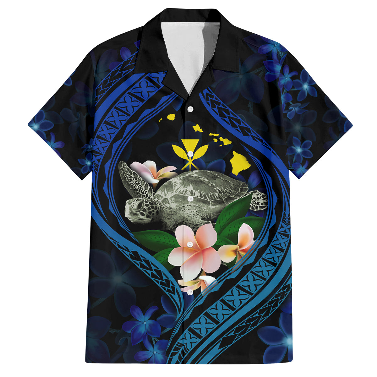 Hawaii Turtle Plumeria Flower Fanciful Family Matching Off The Shoulder Long Sleeve Dress and Hawaiian Shirt LT03 Dad's Shirt - Short Sleeve Black - Polynesian Pride