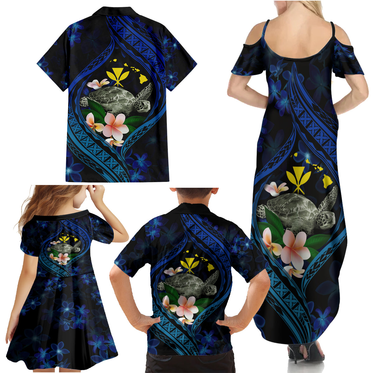 Hawaii Turtle Plumeria Flower Fanciful Family Matching Summer Maxi Dress and Hawaiian Shirt LT03 - Polynesian Pride