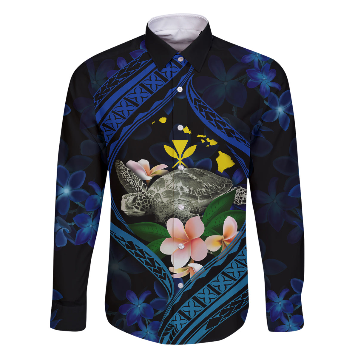 Hawaii Turtle Plumeria Flower Fanciful Family Matching Tank Maxi Dress and Hawaiian Shirt LT03 Dad's Shirt - Long Sleeve Black - Polynesian Pride