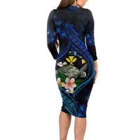 Hawaii Turtle Plumeria Flower Fanciful Long Sleeve Bodycon Dress LT03 - Polynesian Pride