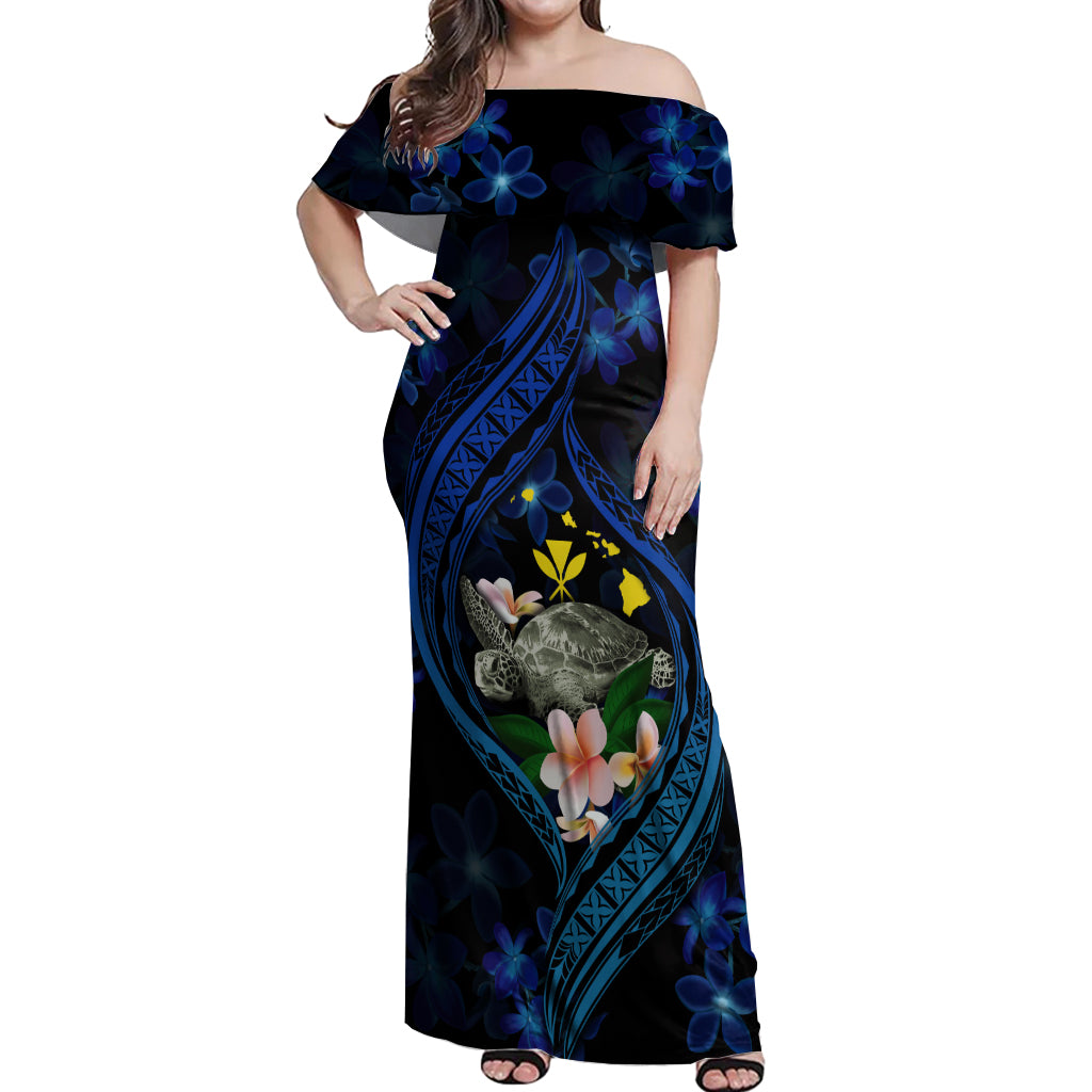 Hawaii Turtle Plumeria Flower Fanciful Off Shoulder Maxi Dress