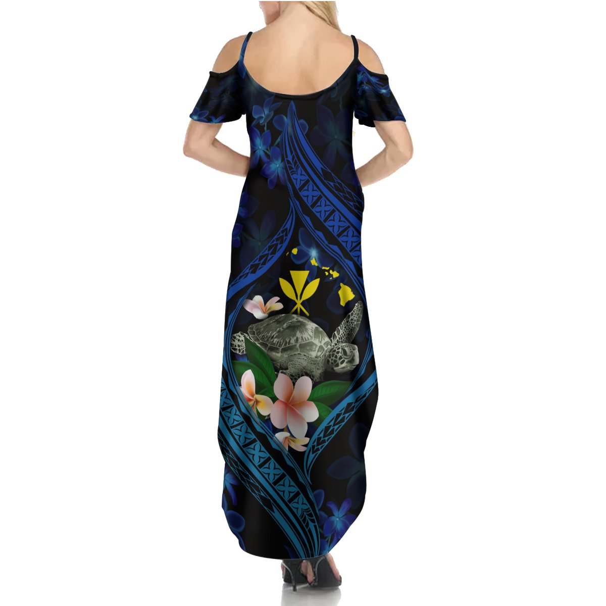 Hawaii Turtle Plumeria Flower Fanciful Summer Maxi Dress