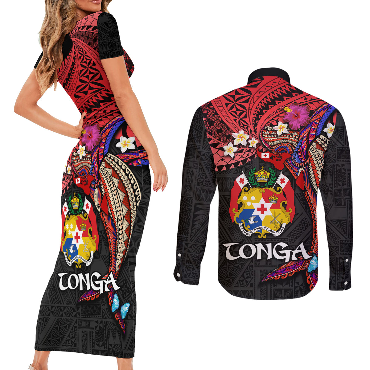 Tonga Emancipation Day Couples Matching Short Sleeve Bodycon Dress and Long Sleeve Button Shirt Ngatu Humpback Whale Polynesian Flower