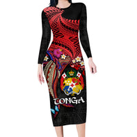 Tonga Emancipation Day Family Matching Long Sleeve Bodycon Dress and Hawaiian Shirt Ngatu Humpback Whale Polynesian Flower LT03 Mom's Dress Black - Polynesian Pride