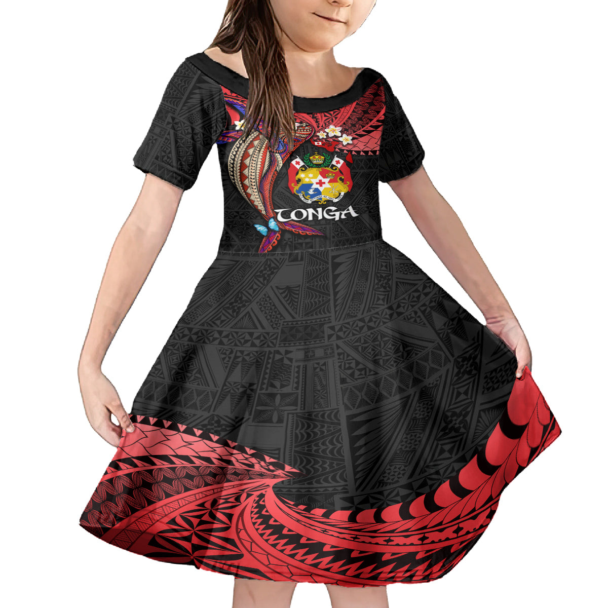 Tonga Emancipation Day Family Matching Tank Maxi Dress and Hawaiian Shirt Ngatu Humpback Whale Polynesian Flower LT03 Daughter's Dress Black - Polynesian Pride