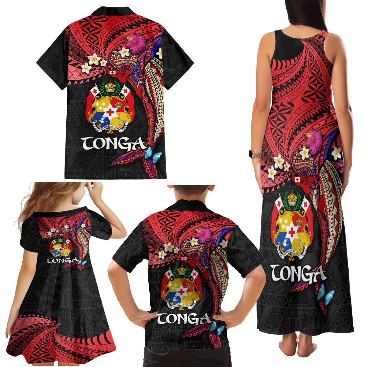 Tonga Emancipation Day Family Matching Tank Maxi Dress and Hawaiian Shirt Ngatu Humpback Whale Polynesian Flower LT03 - Polynesian Pride