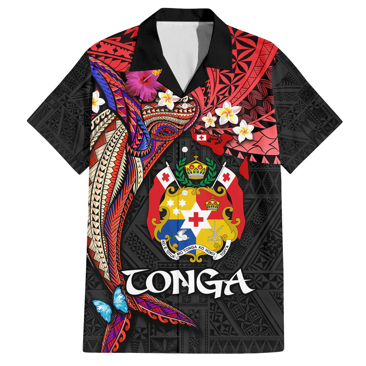 Tonga Emancipation Day Family Matching Tank Maxi Dress and Hawaiian Shirt Ngatu Humpback Whale Polynesian Flower LT03 Dad's Shirt - Short Sleeve Black - Polynesian Pride