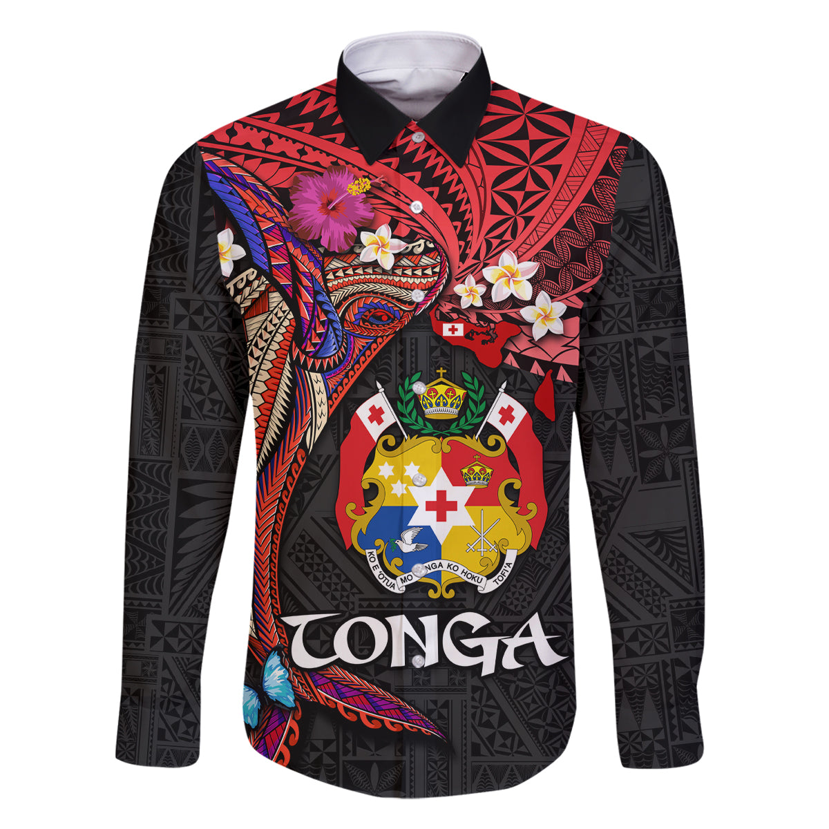 Tonga Emancipation Day Family Matching Tank Maxi Dress and Hawaiian Shirt Ngatu Humpback Whale Polynesian Flower LT03 Dad's Shirt - Long Sleeve Black - Polynesian Pride