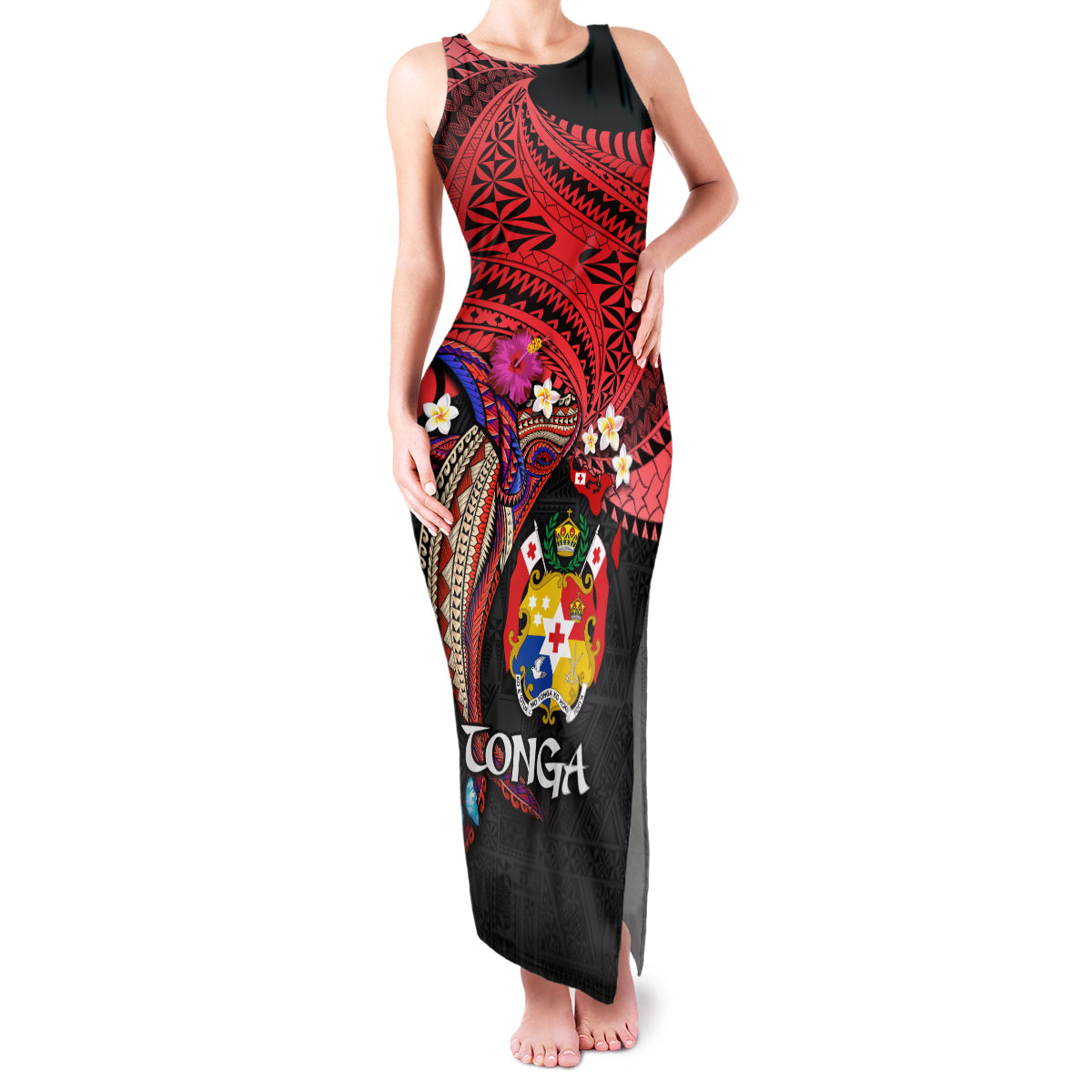 Tonga Emancipation Day Family Matching Tank Maxi Dress and Hawaiian Shirt Ngatu Humpback Whale Polynesian Flower LT03 Mom's Dress Black - Polynesian Pride
