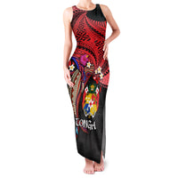 Tonga Emancipation Day Family Matching Tank Maxi Dress and Hawaiian Shirt Ngatu Humpback Whale Polynesian Flower LT03 Mom's Dress Black - Polynesian Pride
