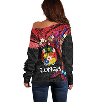 Tonga Emancipation Day Off Shoulder Sweater Ngatu Humpback Whale Polynesian Flower