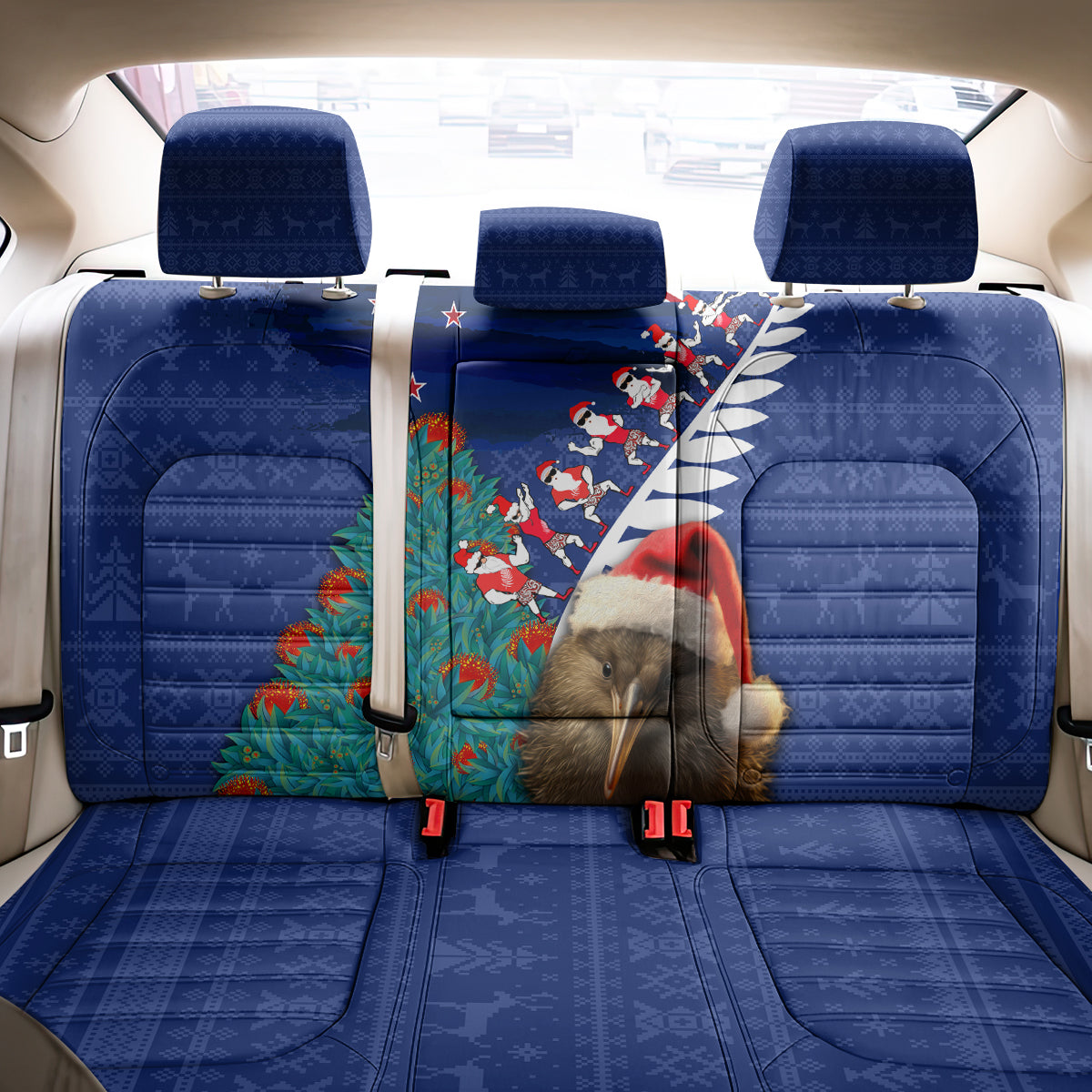 New Zealand Christmas Back Car Seat Cover Kiwi Bird Santa and Silver Fern Funny Haka Dance LT03 - Polynesian Pride