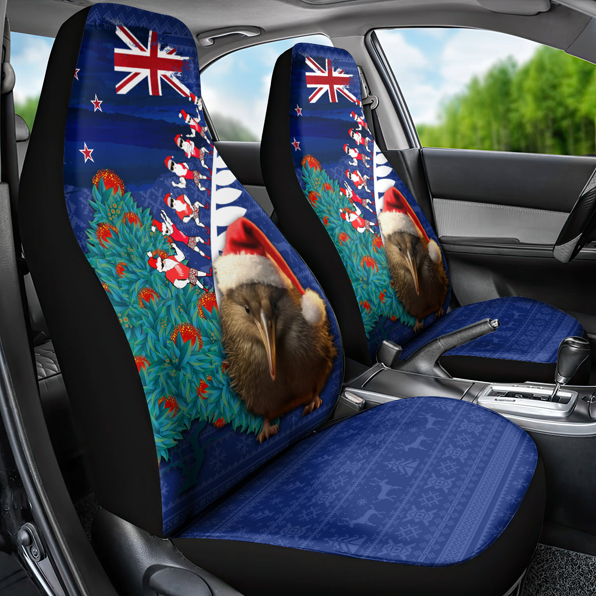 New Zealand Christmas Car Seat Cover Kiwi Bird Santa and Silver Fern Funny Haka Dance LT03 - Polynesian Pride