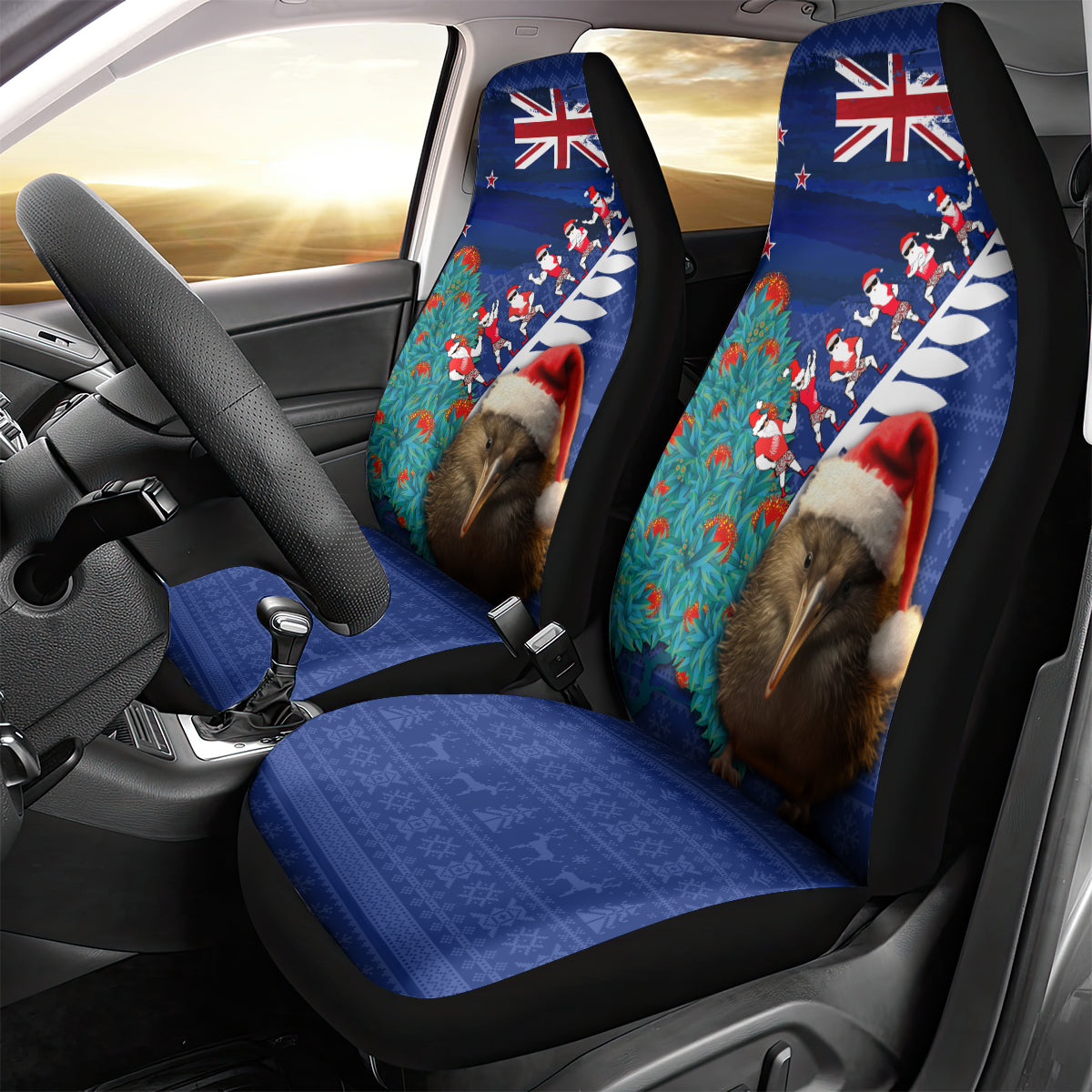New Zealand Christmas Car Seat Cover Kiwi Bird Santa and Silver Fern Funny Haka Dance LT03 - Polynesian Pride