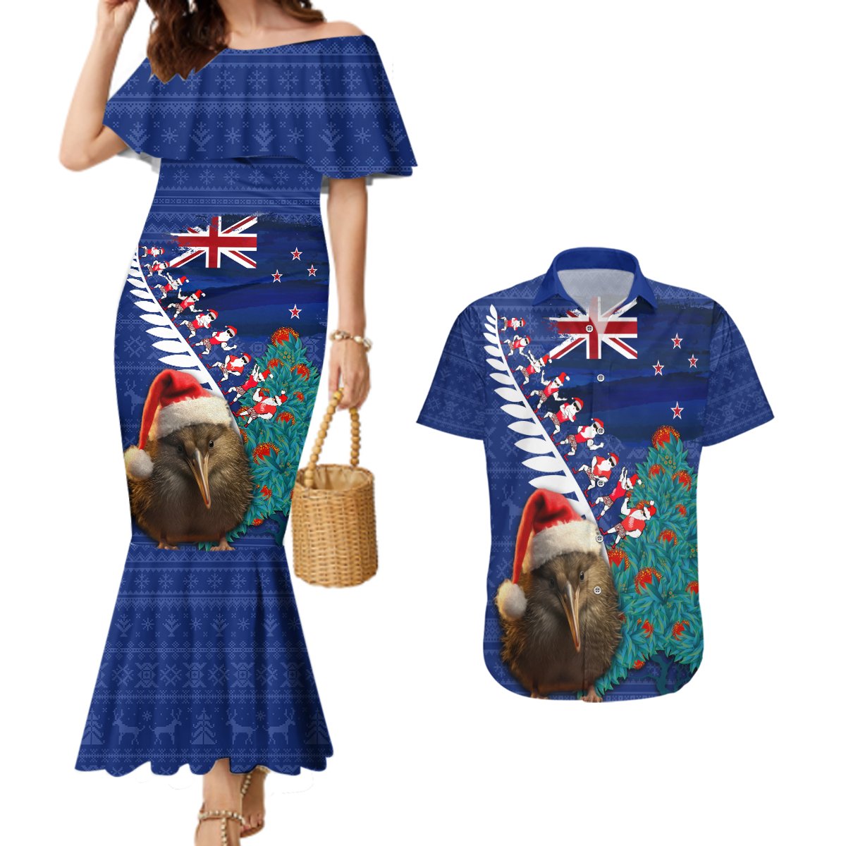 New Zealand Christmas Couples Matching Mermaid Dress and Hawaiian Shirt Kiwi Bird Santa and Silver Fern Funny Haka Dance LT03 Blue - Polynesian Pride