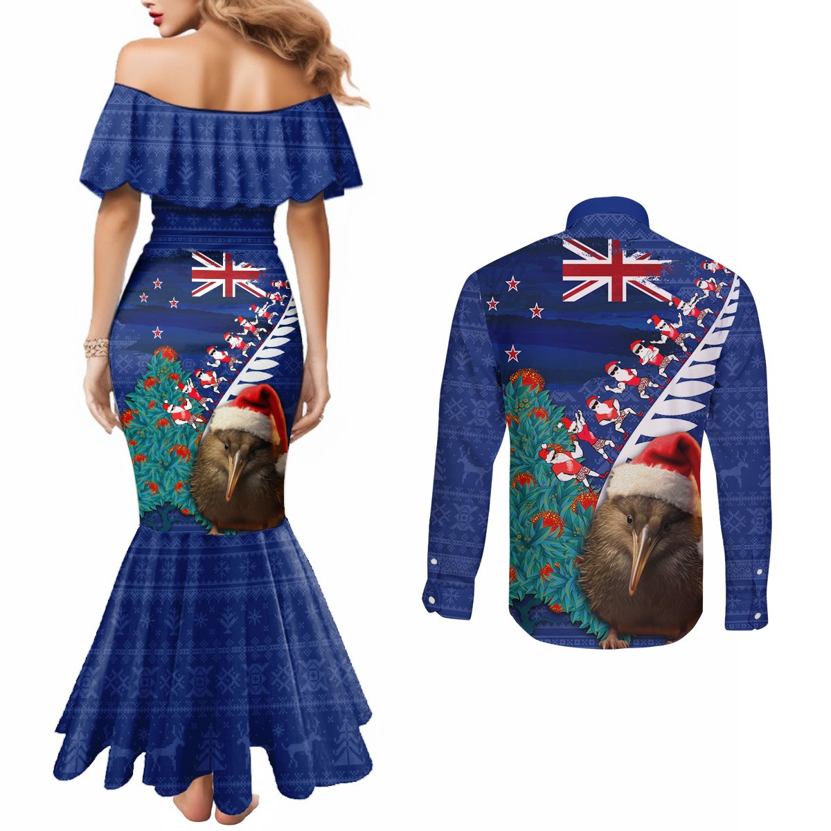 New Zealand Christmas Couples Matching Mermaid Dress and Long Sleeve Button Shirt Kiwi Bird Santa and Silver Fern Funny Haka Dance LT03 - Polynesian Pride
