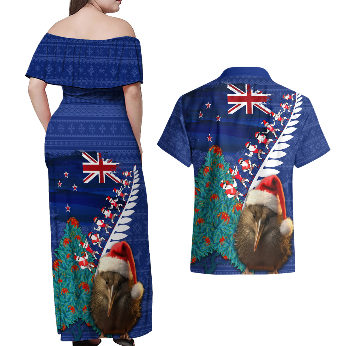 New Zealand Christmas Couples Matching Off Shoulder Maxi Dress and Hawaiian Shirt Kiwi Bird Santa and Silver Fern Funny Haka Dance LT03 - Polynesian Pride