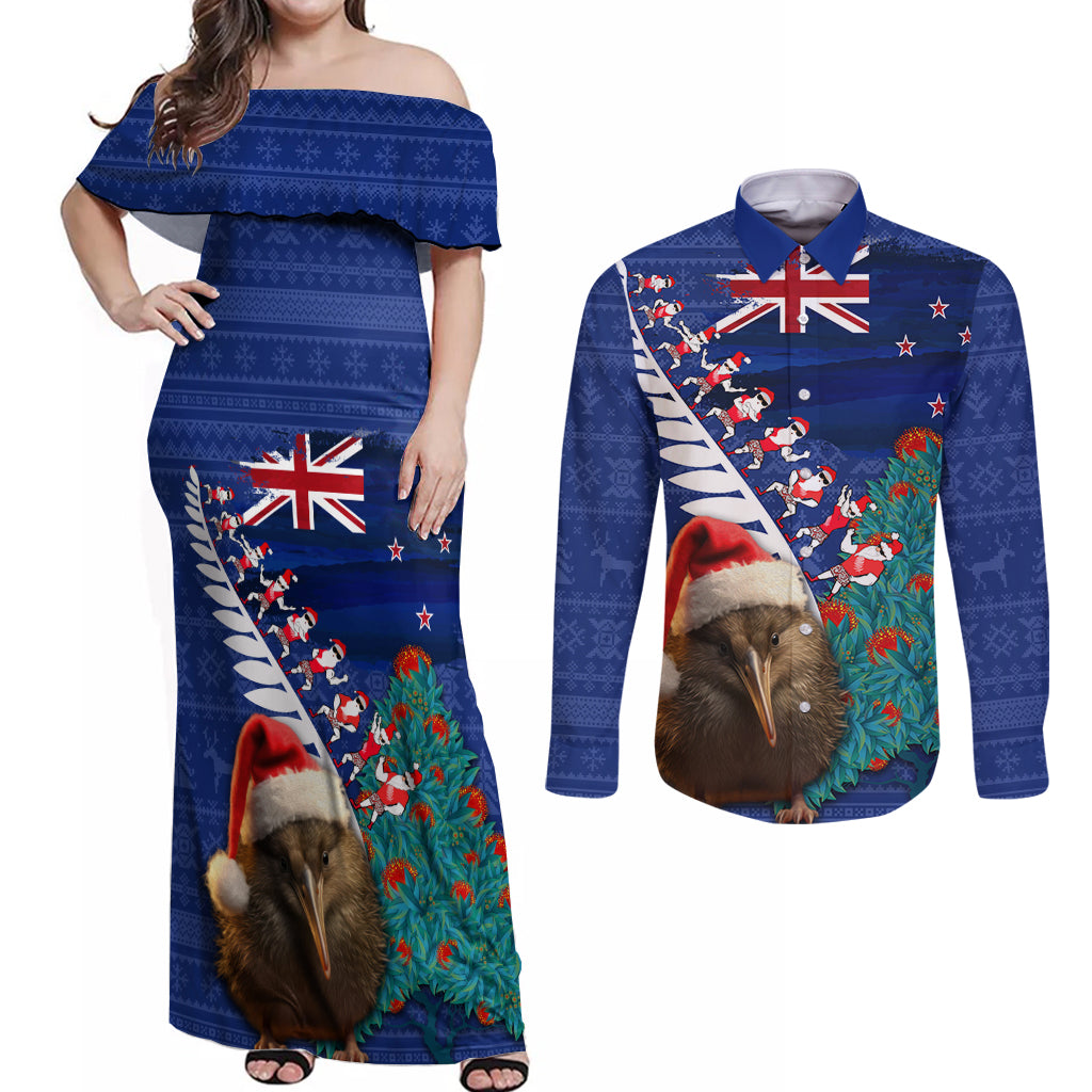 New Zealand Christmas Couples Matching Off Shoulder Maxi Dress and Long Sleeve Button Shirt Kiwi Bird Santa and Silver Fern Funny Haka Dance LT03 Blue - Polynesian Pride