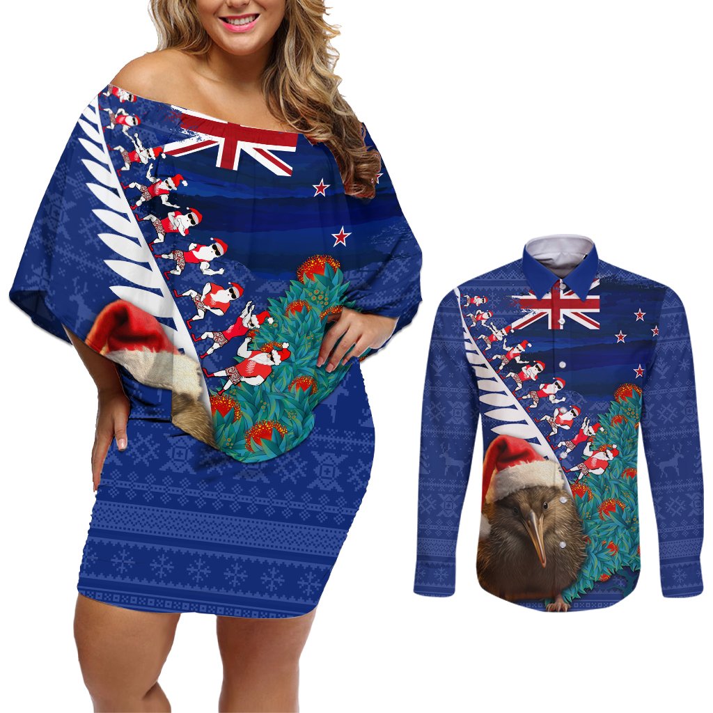 New Zealand Christmas Couples Matching Off Shoulder Short Dress and Long Sleeve Button Shirt Kiwi Bird Santa and Silver Fern Funny Haka Dance LT03 Blue - Polynesian Pride