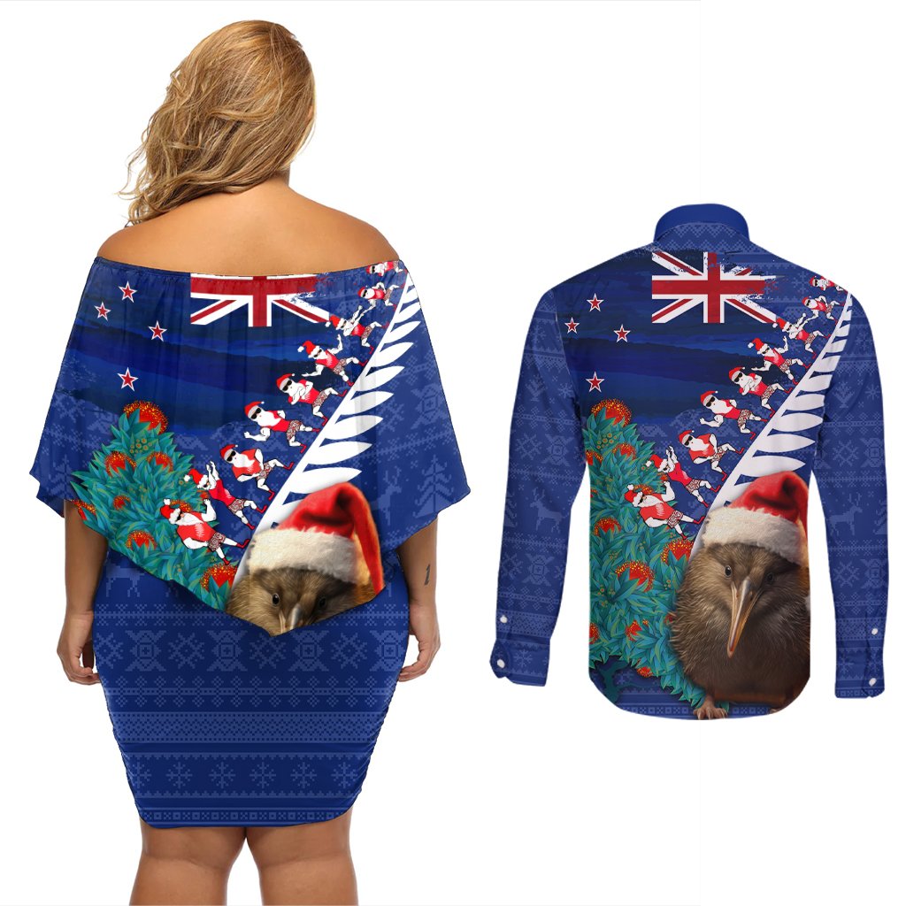 New Zealand Christmas Couples Matching Off Shoulder Short Dress and Long Sleeve Button Shirt Kiwi Bird Santa and Silver Fern Funny Haka Dance LT03 - Polynesian Pride