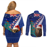 New Zealand Christmas Couples Matching Off Shoulder Short Dress and Long Sleeve Button Shirt Kiwi Bird Santa and Silver Fern Funny Haka Dance LT03 - Polynesian Pride