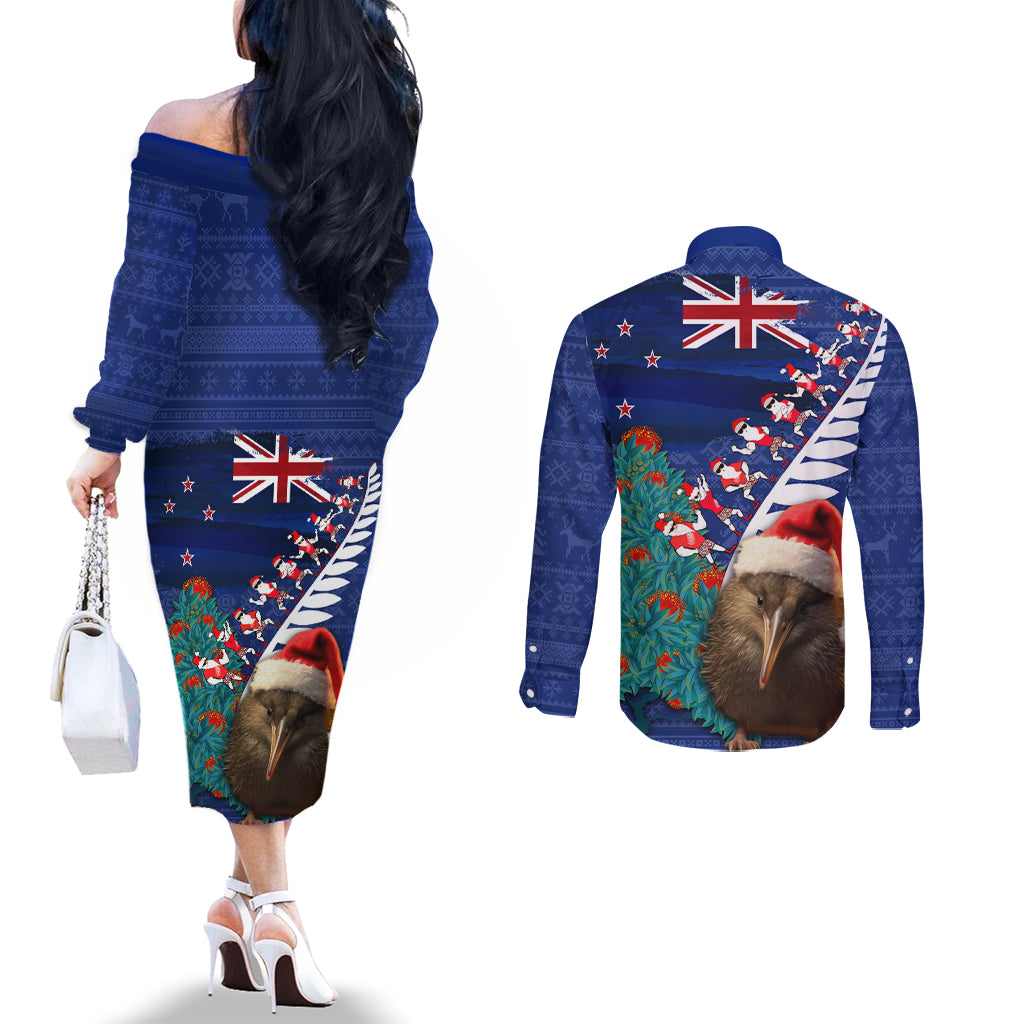 New Zealand Christmas Couples Matching Off The Shoulder Long Sleeve Dress and Long Sleeve Button Shirt Kiwi Bird Santa and Silver Fern Funny Haka Dance LT03 - Polynesian Pride