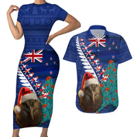 New Zealand Christmas Couples Matching Short Sleeve Bodycon Dress and Hawaiian Shirt Kiwi Bird Santa and Silver Fern Funny Haka Dance LT03 Blue - Polynesian Pride