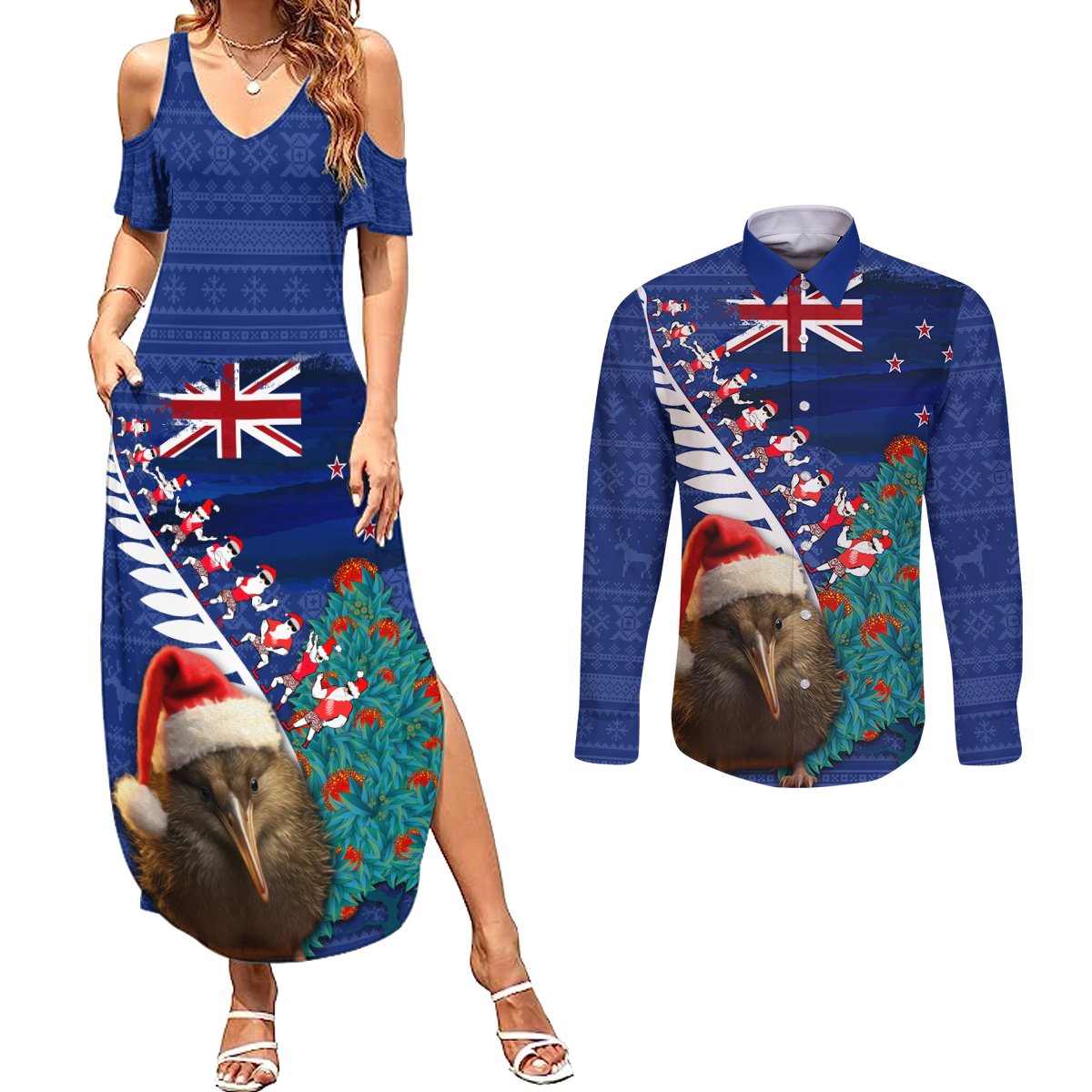 New Zealand Christmas Couples Matching Summer Maxi Dress and Long Sleeve Button Shirt Kiwi Bird Santa and Silver Fern Funny Haka Dance LT03 Blue - Polynesian Pride
