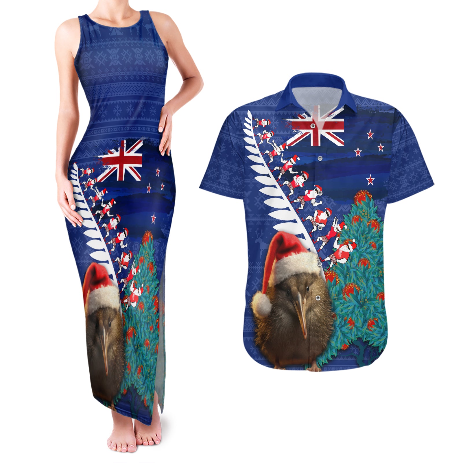 New Zealand Christmas Couples Matching Tank Maxi Dress and Hawaiian Shirt Kiwi Bird Santa and Silver Fern Funny Haka Dance
