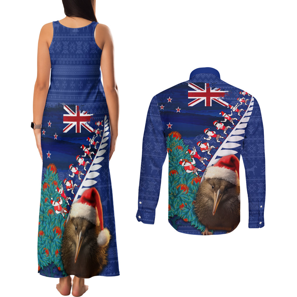 New Zealand Christmas Couples Matching Tank Maxi Dress and Long Sleeve Button Shirt Kiwi Bird Santa and Silver Fern Funny Haka Dance LT03 - Polynesian Pride