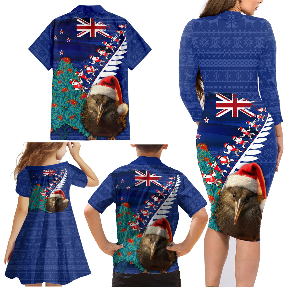 New Zealand Christmas Family Matching Long Sleeve Bodycon Dress and Hawaiian Shirt Kiwi Bird Santa and Silver Fern Funny Haka Dance LT03 - Polynesian Pride
