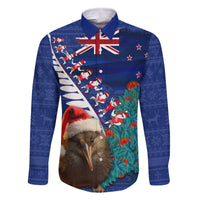 New Zealand Christmas Family Matching Long Sleeve Bodycon Dress and Hawaiian Shirt Kiwi Bird Santa and Silver Fern Funny Haka Dance LT03 Dad's Shirt - Long Sleeve Blue - Polynesian Pride