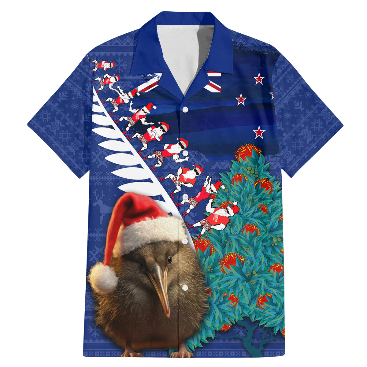 New Zealand Christmas Family Matching Mermaid Dress and Hawaiian Shirt Kiwi Bird Santa and Silver Fern Funny Haka Dance LT03 Dad's Shirt - Short Sleeve Blue - Polynesian Pride