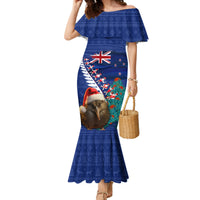 New Zealand Christmas Family Matching Mermaid Dress and Hawaiian Shirt Kiwi Bird Santa and Silver Fern Funny Haka Dance LT03 Mom's Dress Blue - Polynesian Pride