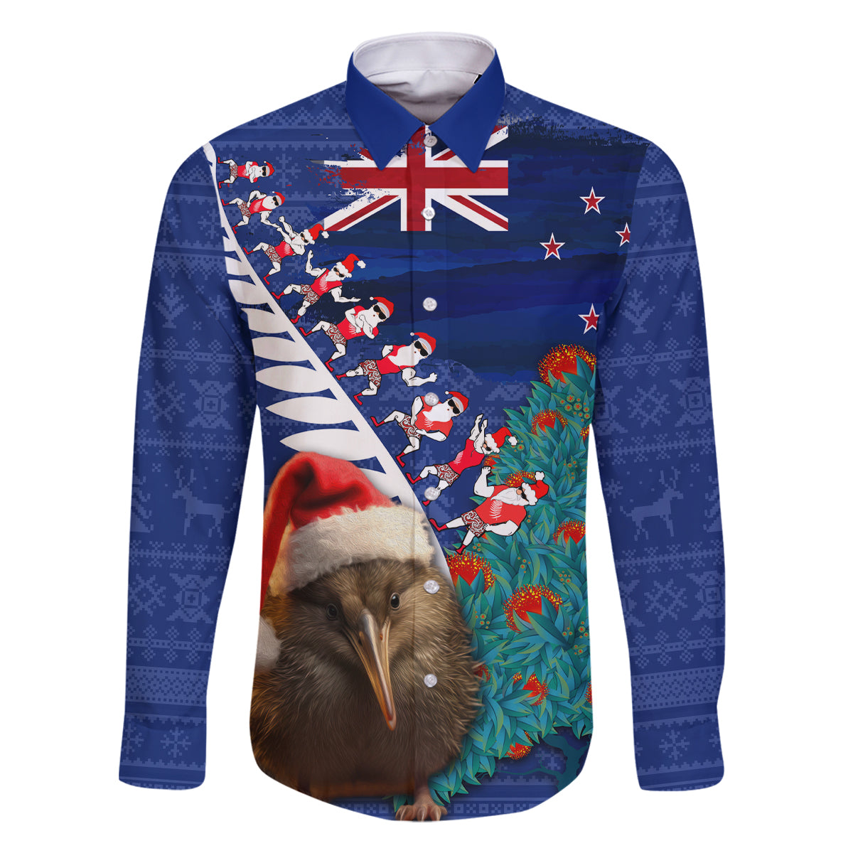 New Zealand Christmas Family Matching Off Shoulder Maxi Dress and Hawaiian Shirt Kiwi Bird Santa and Silver Fern Funny Haka Dance LT03 Dad's Shirt - Long Sleeve Blue - Polynesian Pride