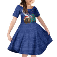 New Zealand Christmas Family Matching Short Sleeve Bodycon Dress and Hawaiian Shirt Kiwi Bird Santa and Silver Fern Funny Haka Dance LT03 Daughter's Dress Blue - Polynesian Pride
