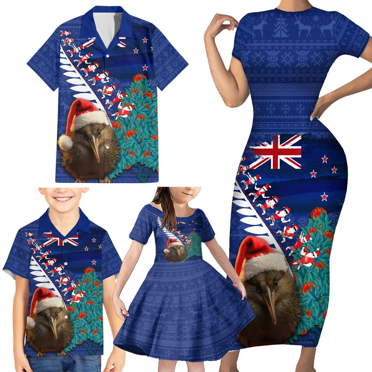 New Zealand Christmas Family Matching Short Sleeve Bodycon Dress and Hawaiian Shirt Kiwi Bird Santa and Silver Fern Funny Haka Dance LT03 - Polynesian Pride