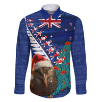 New Zealand Christmas Family Matching Short Sleeve Bodycon Dress and Hawaiian Shirt Kiwi Bird Santa and Silver Fern Funny Haka Dance LT03 Dad's Shirt - Long Sleeve Blue - Polynesian Pride