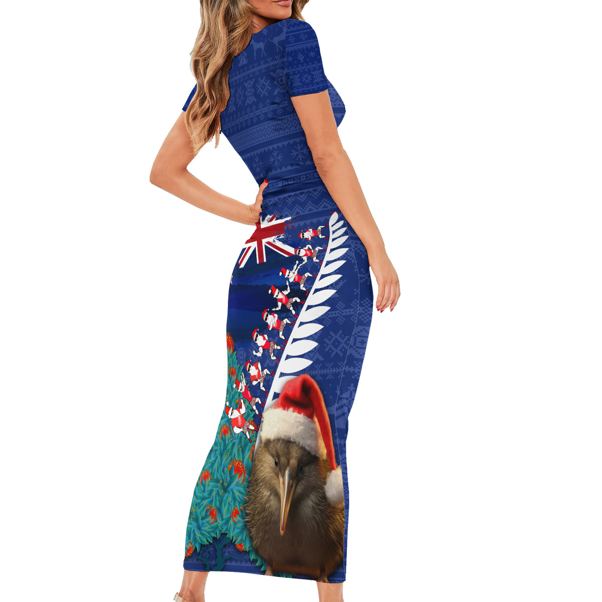 New Zealand Christmas Family Matching Short Sleeve Bodycon Dress and Hawaiian Shirt Kiwi Bird Santa and Silver Fern Funny Haka Dance LT03 - Polynesian Pride
