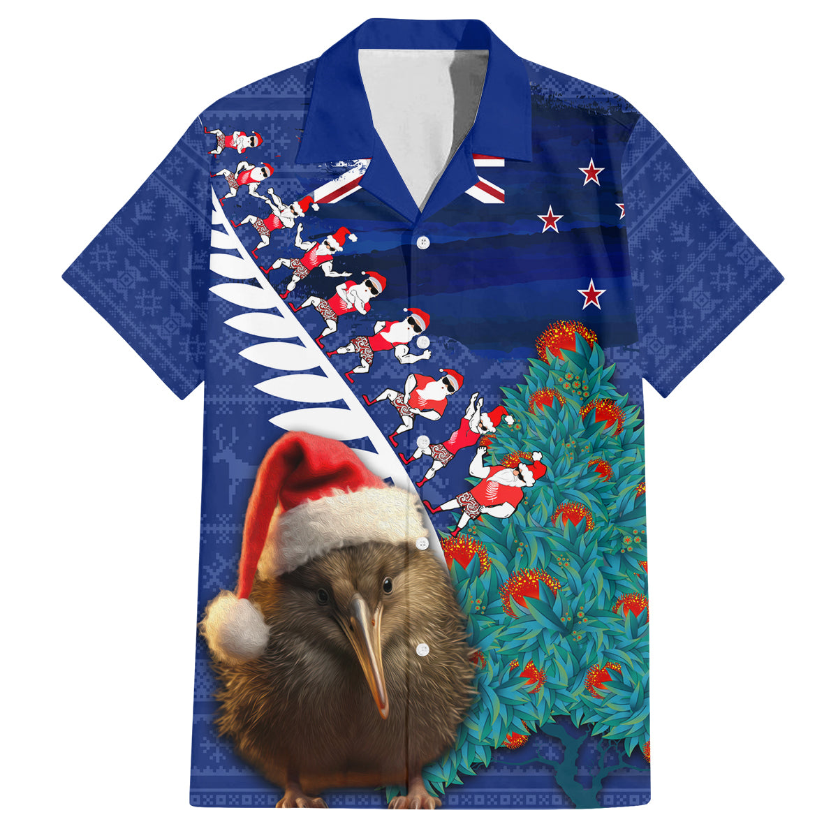 New Zealand Christmas Family Matching Tank Maxi Dress and Hawaiian Shirt Kiwi Bird Santa and Silver Fern Funny Haka Dance LT03 Dad's Shirt - Short Sleeve Blue - Polynesian Pride