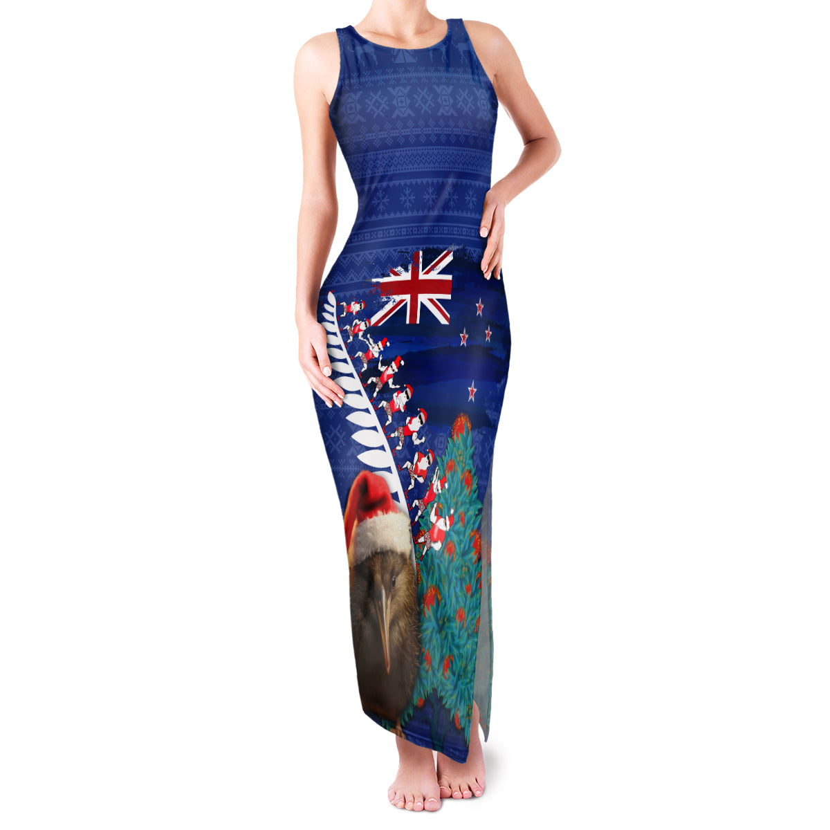 New Zealand Christmas Family Matching Tank Maxi Dress and Hawaiian Shirt Kiwi Bird Santa and Silver Fern Funny Haka Dance LT03 Mom's Dress Blue - Polynesian Pride