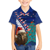 New Zealand Christmas Family Matching Tank Maxi Dress and Hawaiian Shirt Kiwi Bird Santa and Silver Fern Funny Haka Dance LT03 Son's Shirt Blue - Polynesian Pride