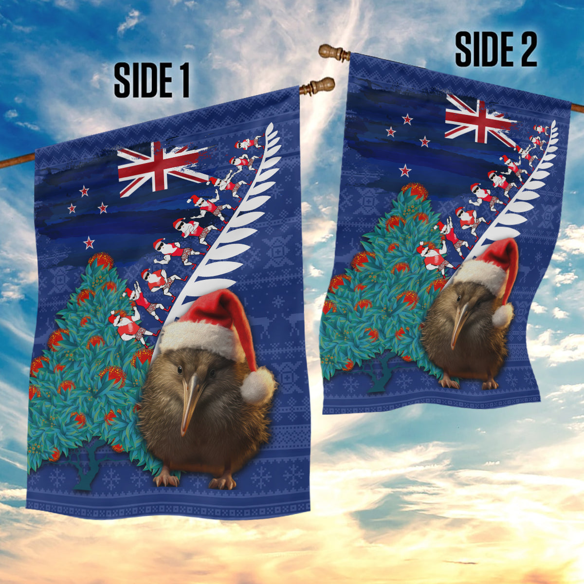 New Zealand Christmas Garden Flag Kiwi Bird Santa and Silver Fern Funny Haka Dance LT03 - Polynesian Pride