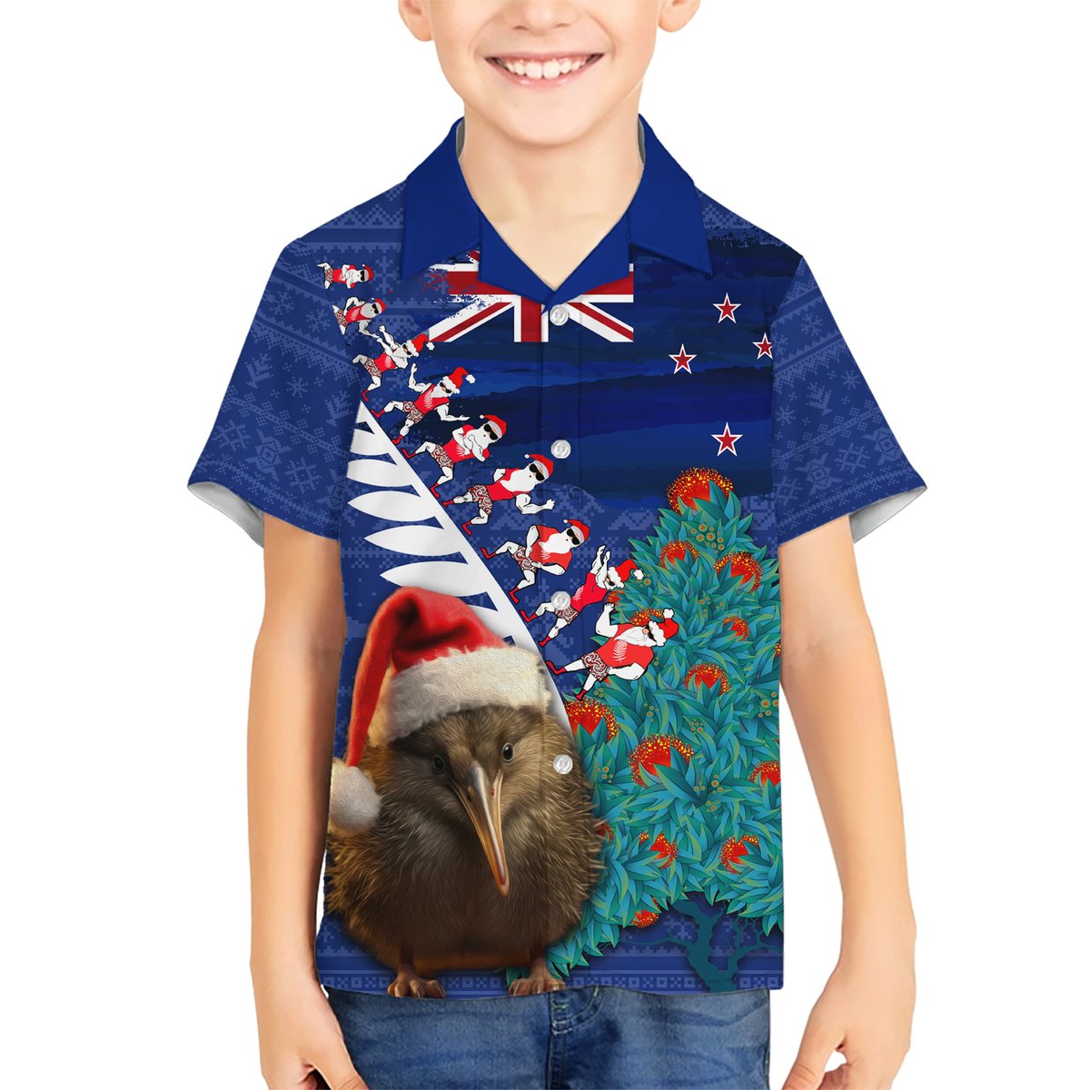 New Zealand Christmas Hawaiian Shirt Kiwi Bird Santa and Silver Fern Funny Haka Dance LT03 - Polynesian Pride
