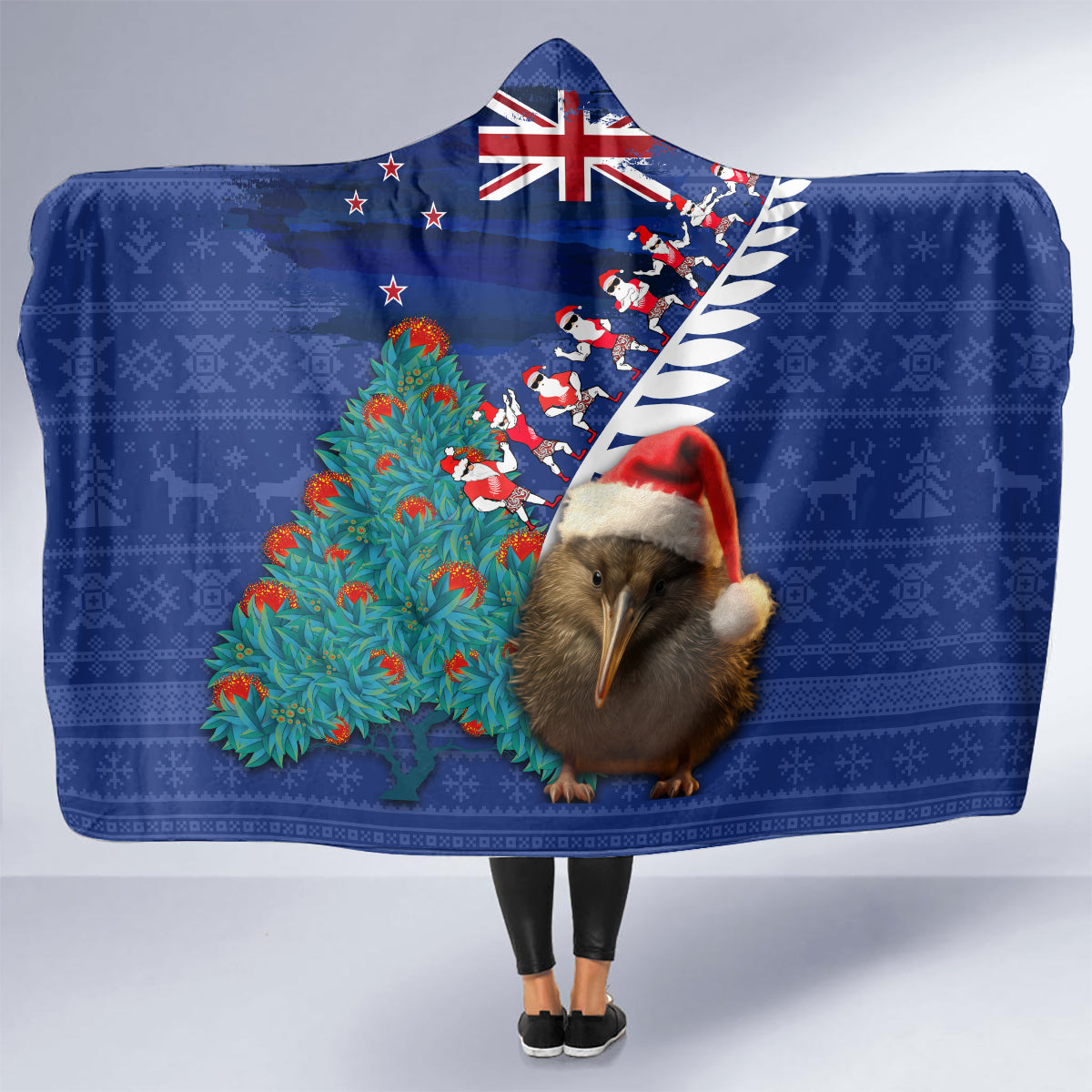 New Zealand Christmas Hooded Blanket Kiwi Bird Santa and Silver Fern Funny Haka Dance LT03 - Polynesian Pride