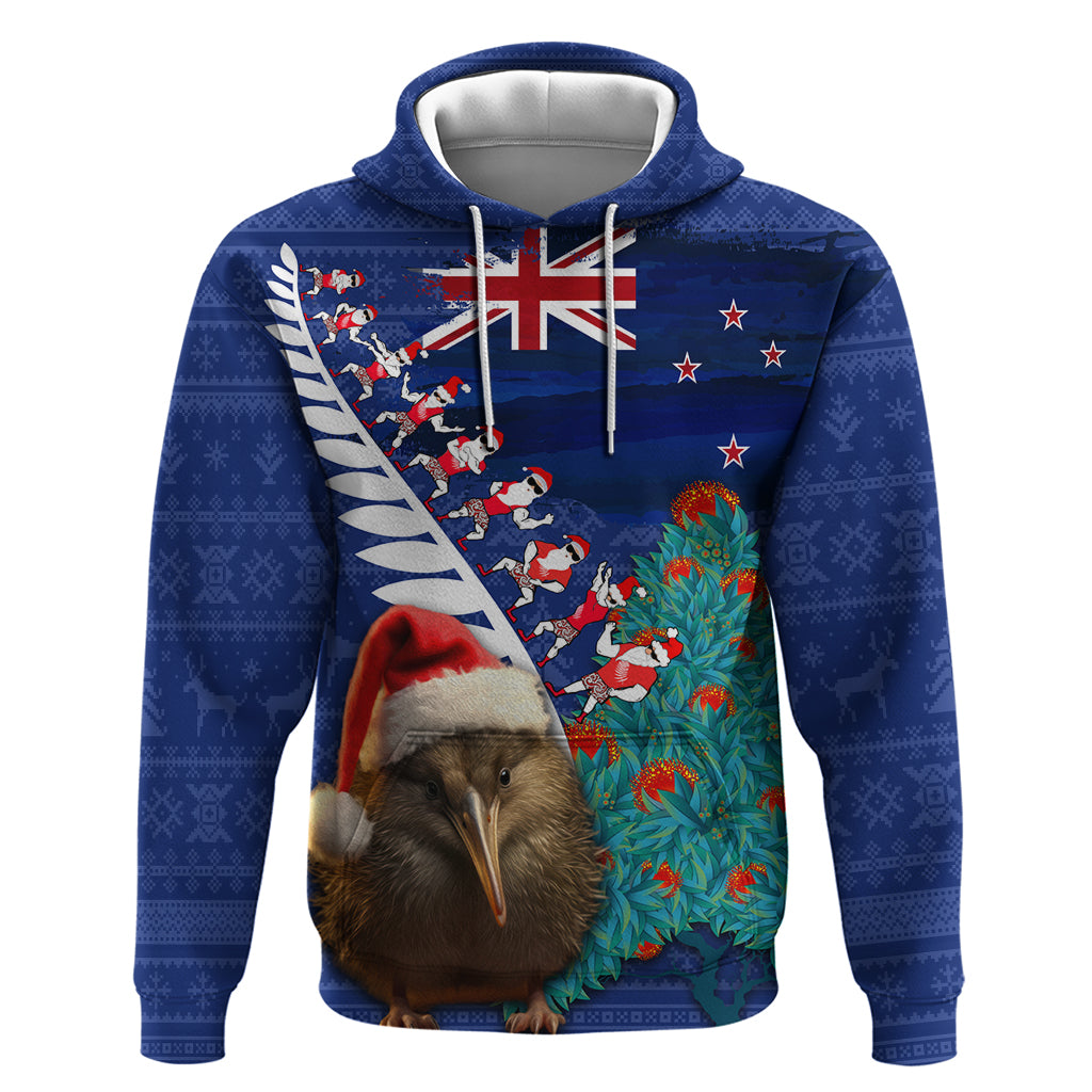 New Zealand Christmas Hoodie Kiwi Bird Santa and Silver Fern Funny Haka Dance LT03 Pullover Hoodie Blue - Polynesian Pride