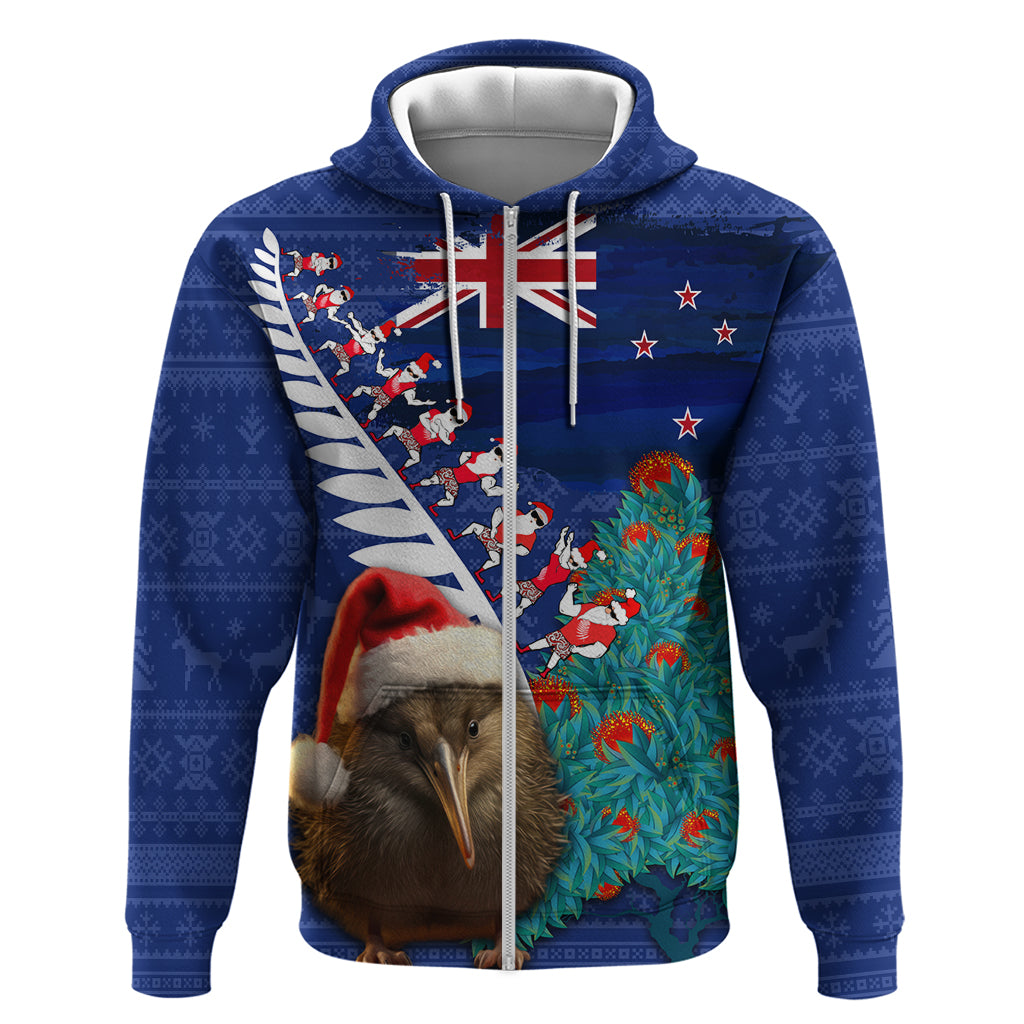 New Zealand Christmas Hoodie Kiwi Bird Santa and Silver Fern Funny Haka Dance LT03 Zip Hoodie Blue - Polynesian Pride
